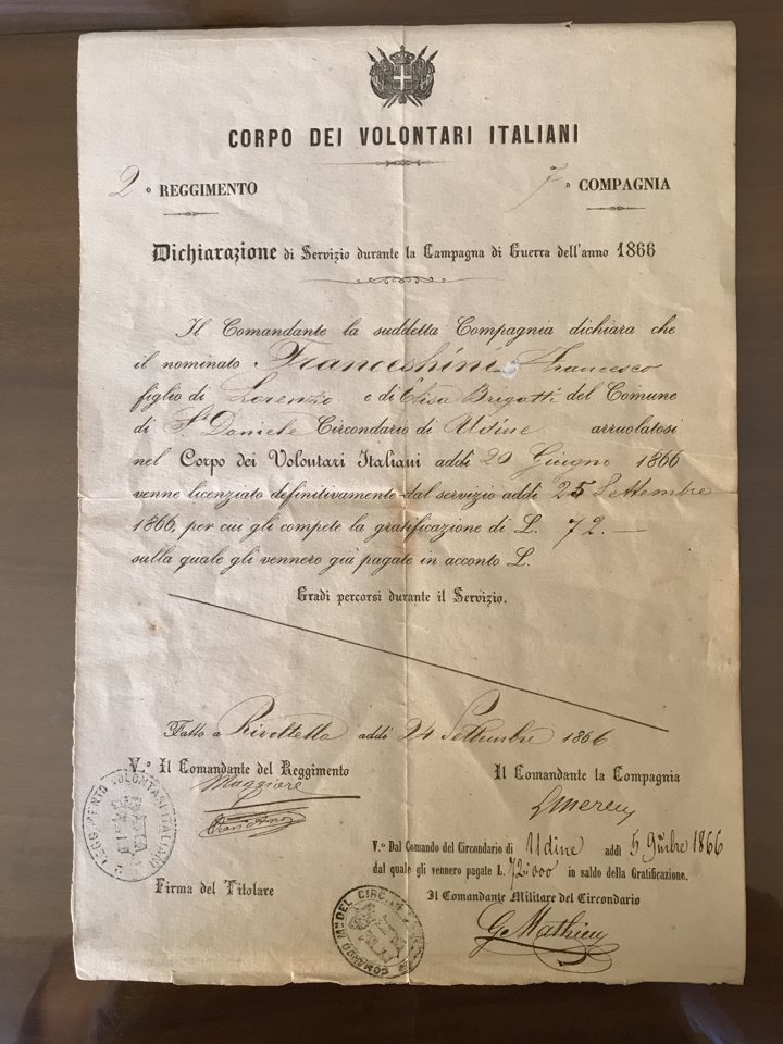 Dichiarazione di servizio nel Corpo dei Volontari Italiani, 1866